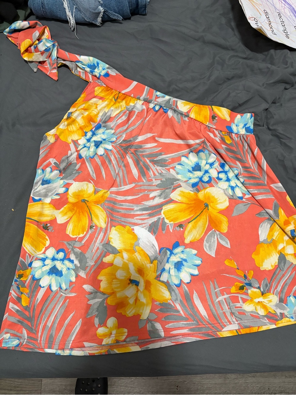 Coral One-Shoulder Floral Top with Yellow & Blue Flowers